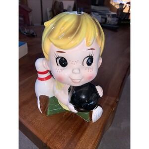 Vintage Japan Kitschy Boy w/Bowling Ball Pin Ceramic Still Bank Japan
